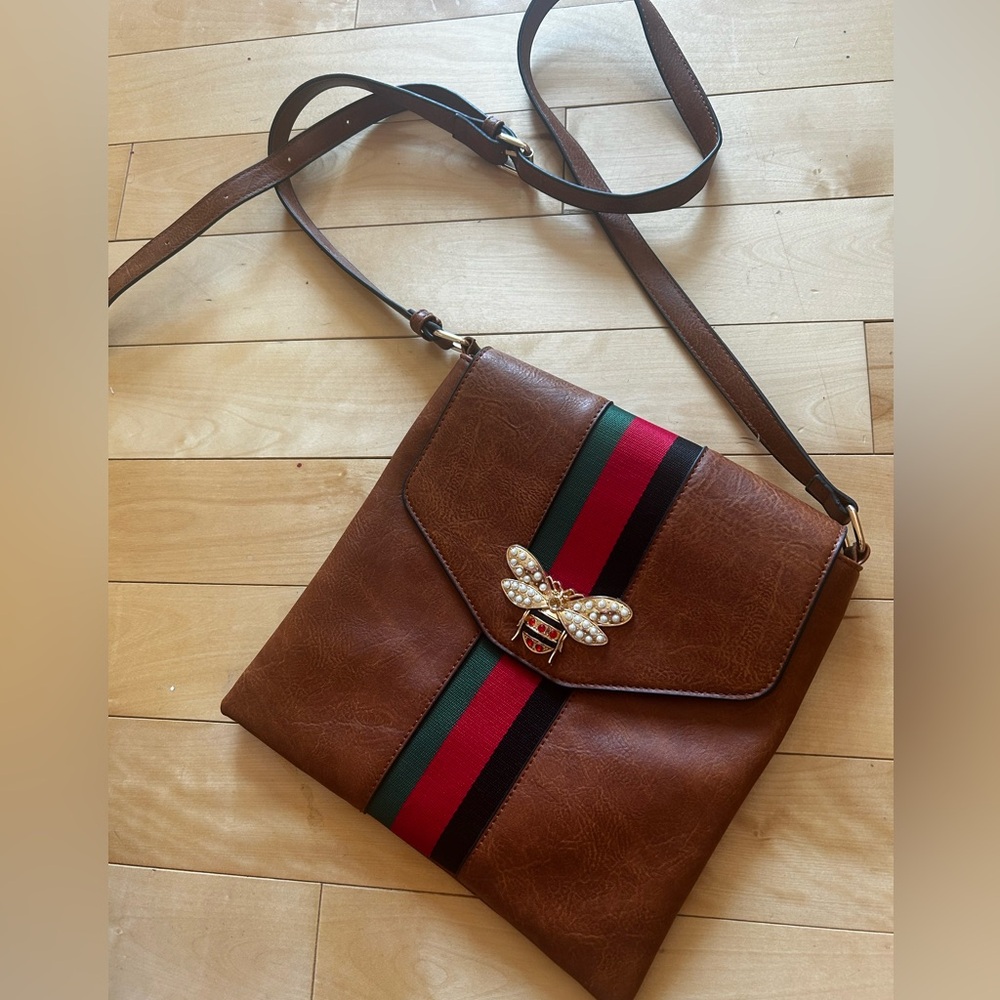 Brown Leather Crossbody Bag with Bee Accent